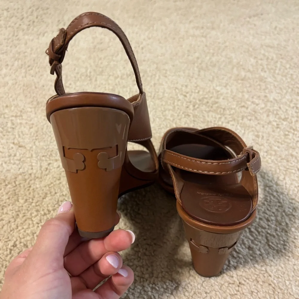 Tory Burch Gabrielle Wedge Sandals in tan leather